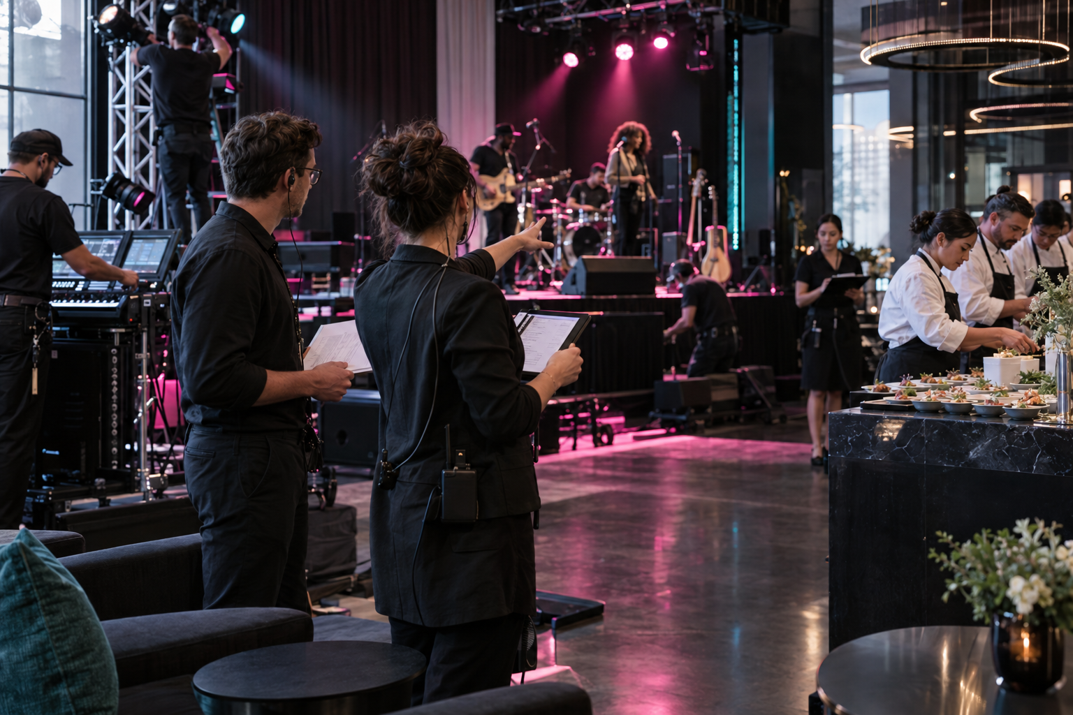 Equipo organizando un evento con música y gastronomía